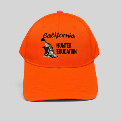 Raree Finds blaze orange California Hunter Education cap with embroidered quail graphic and structured crown.