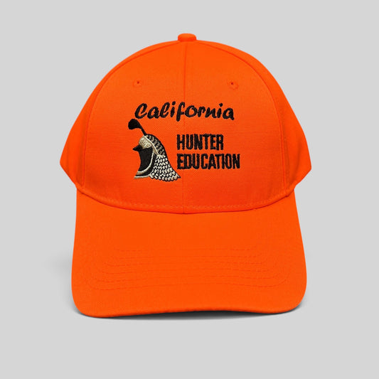 Raree Finds blaze orange California Hunter Education cap with embroidered quail graphic and structured crown.