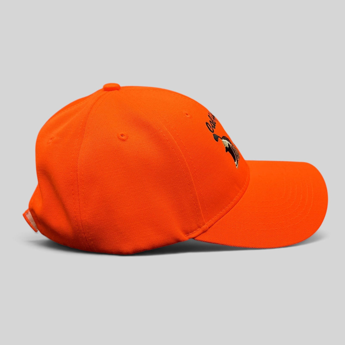 Raree Finds blaze orange California Hunter Education cap with embroidered quail graphic and pre-curved visor