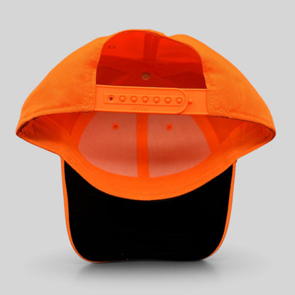 Raree Finds blaze orange Otto snapback hat with adjustable plastic strap and black brim underside