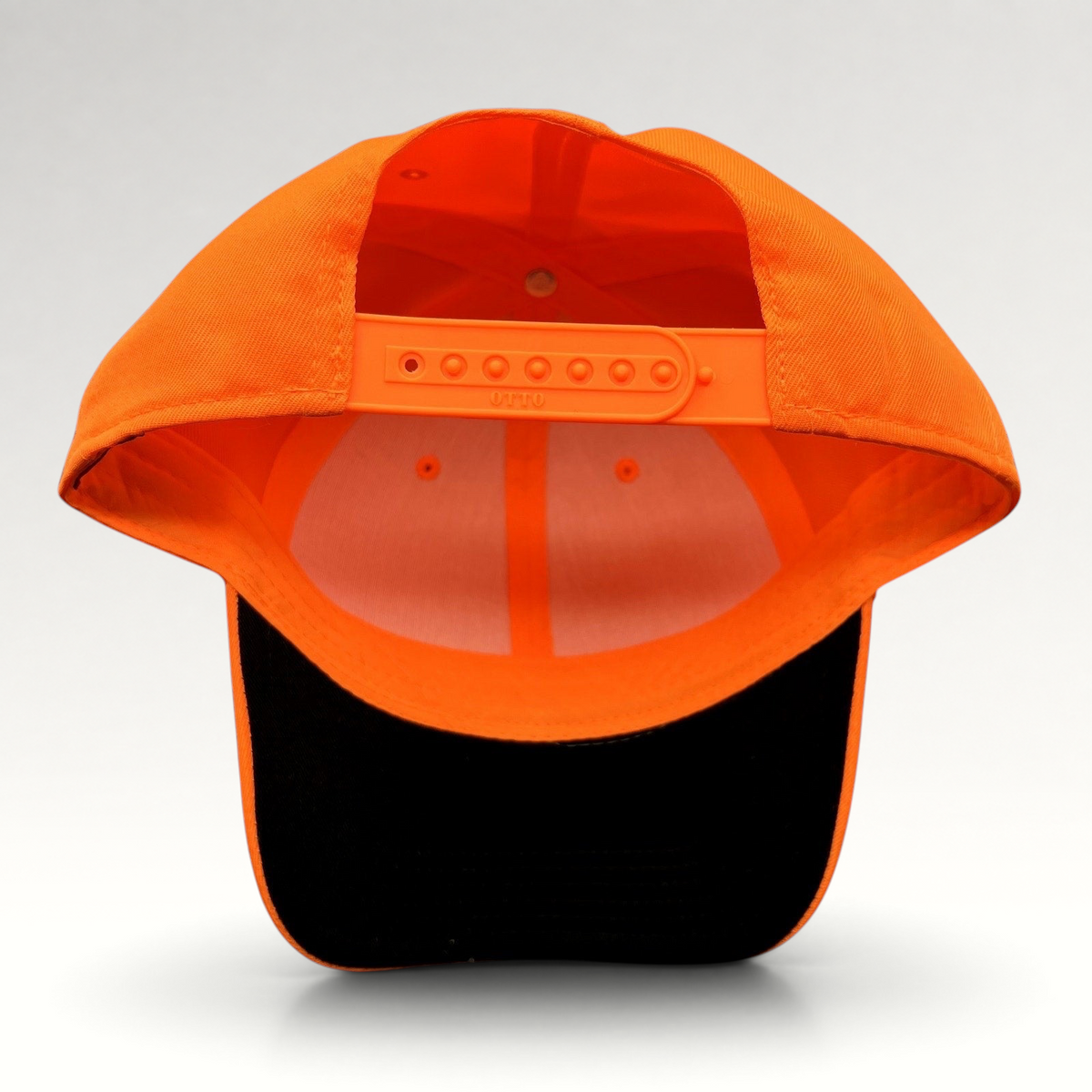 Raree Finds blaze orange Otto snapback hat with adjustable plastic strap and black brim underside