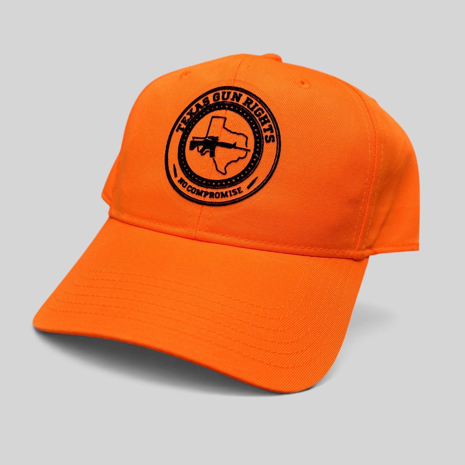 Raree Finds blaze orange Texas Gun Rights snapback hat with black No Compromise logo patch and rifle graphic