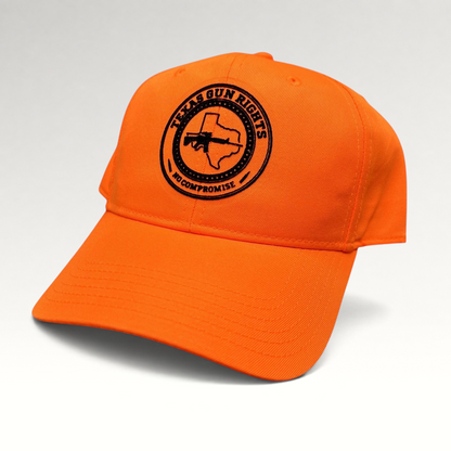 Raree Finds blaze orange Texas Gun Rights snapback hat with black No Compromise logo patch and rifle graphic