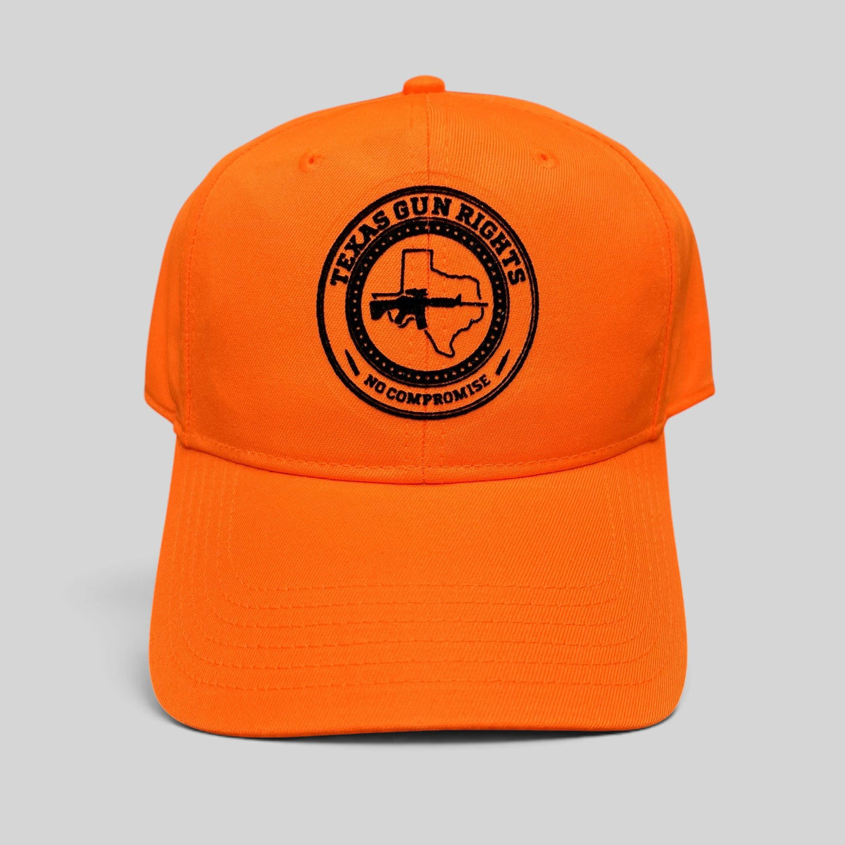 Raree Finds blaze orange Texas Gun Rights snapback hat with a black circular No Compromise logo and rifle graphic