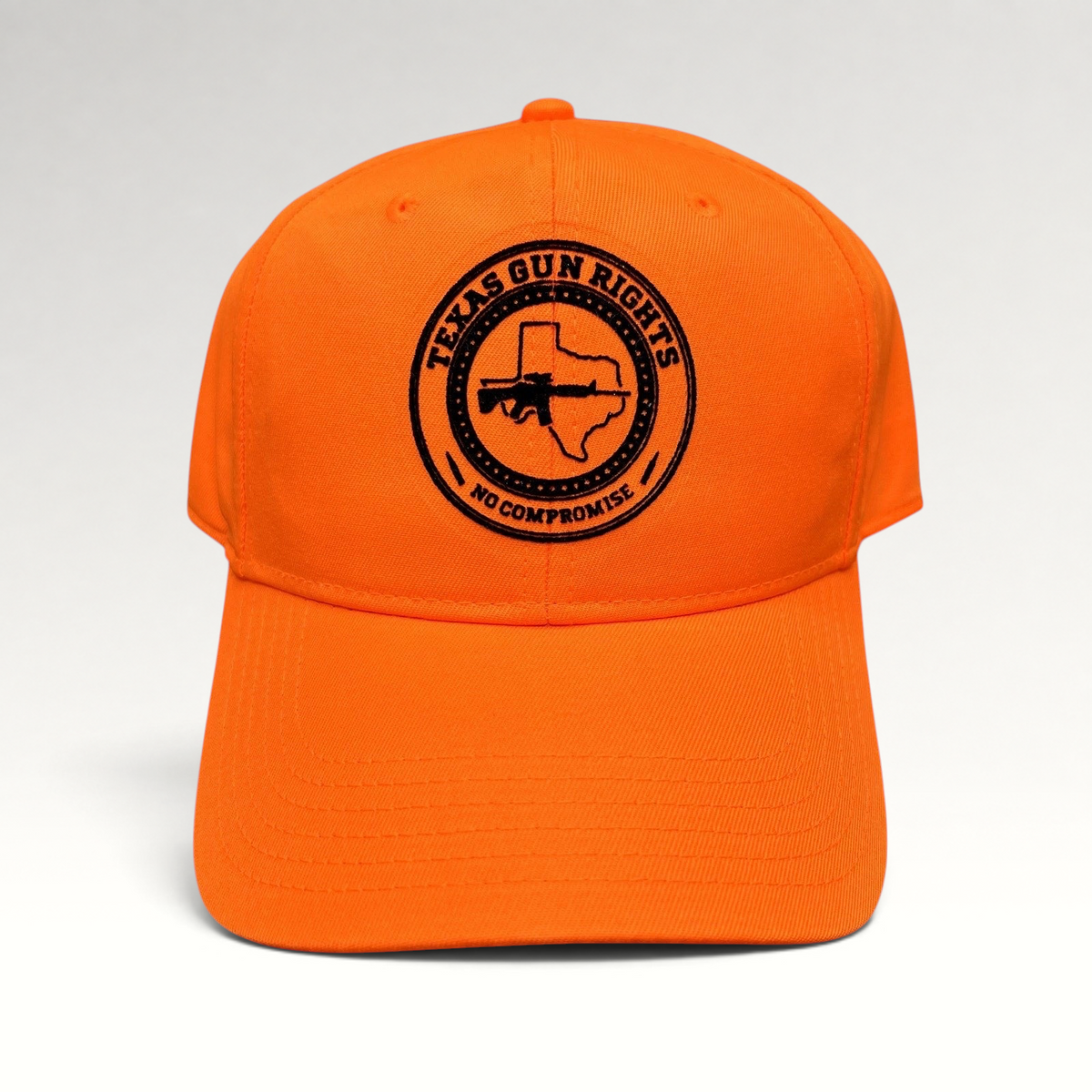 Raree Finds blaze orange Texas Gun Rights snapback hat with a black circular No Compromise logo and rifle graphic