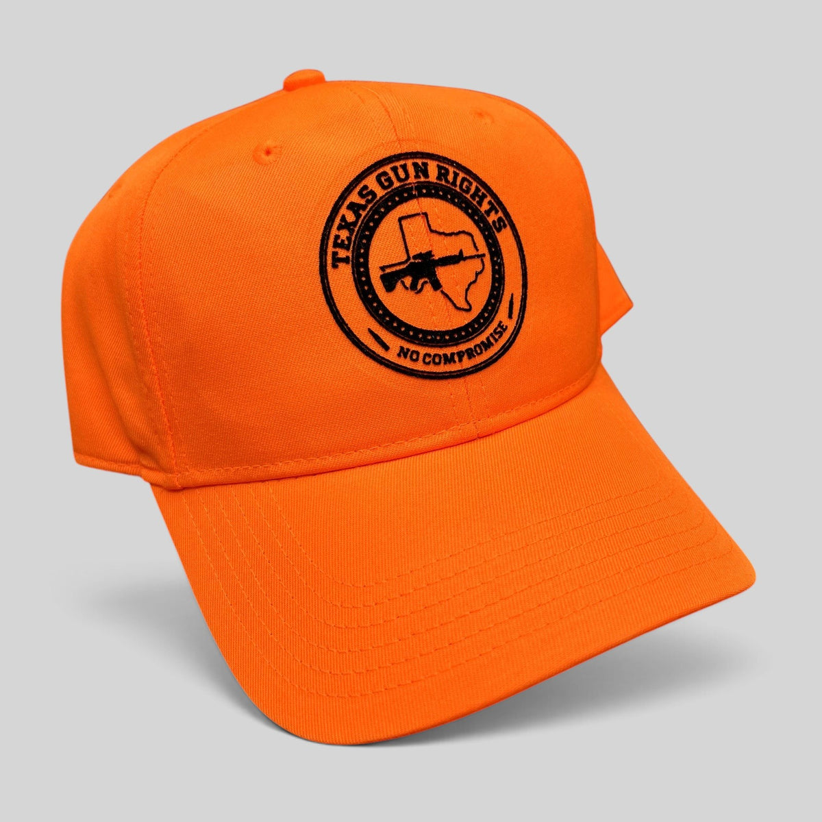 Raree Finds blaze orange Otto snapback hat with a black Texas Gun Rights No Compromise circular logo patch.