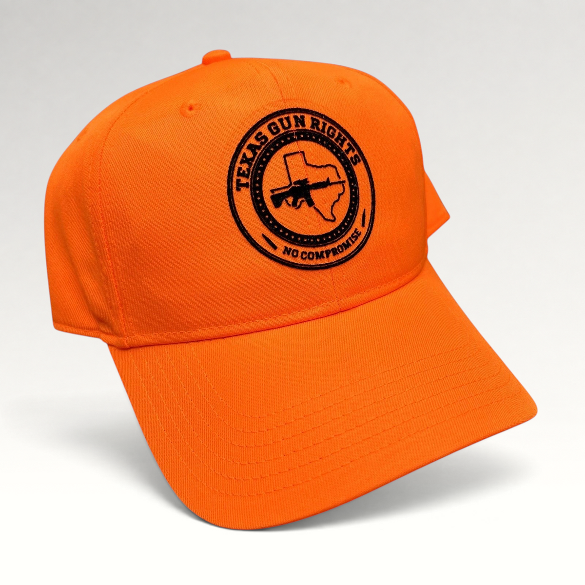 Raree Finds blaze orange Otto snapback hat with a black Texas Gun Rights No Compromise circular logo patch.
