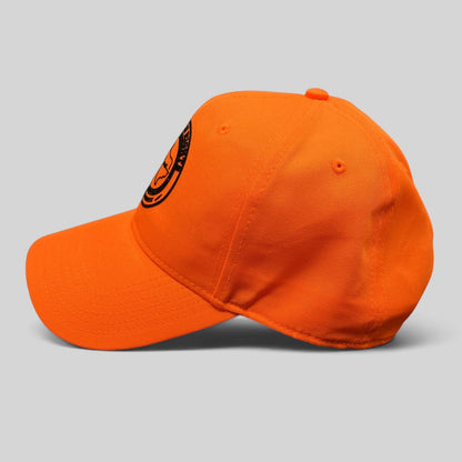 Raree Finds blaze orange Texas Gun Rights snapback hat with black No Compromise logo patch, side profile view.