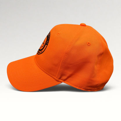Raree Finds blaze orange Texas Gun Rights snapback hat with black No Compromise logo patch, side profile view.