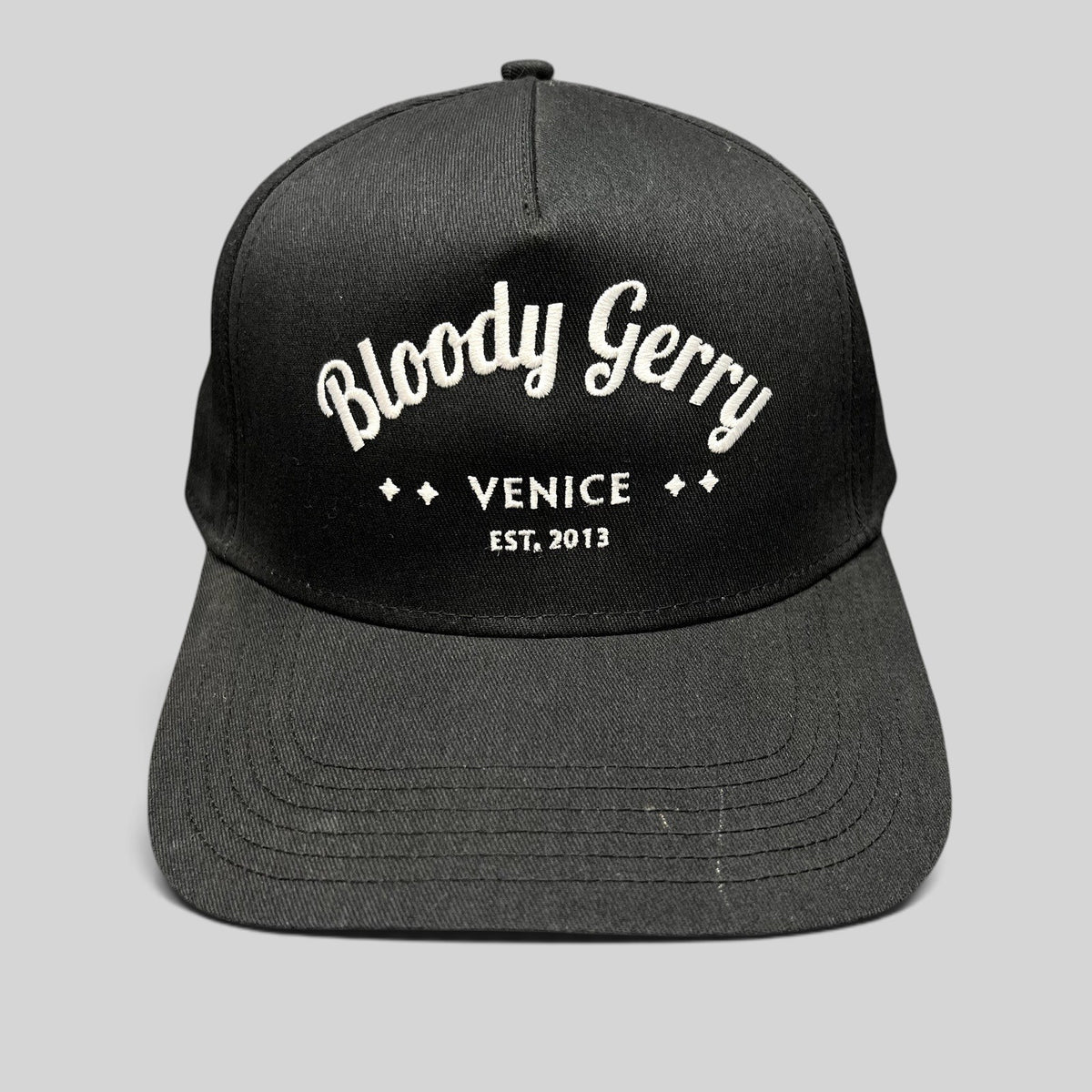 Raree Finds black Bloody Gerry snapback hat with white embroidered Venice California lettering and flat bill