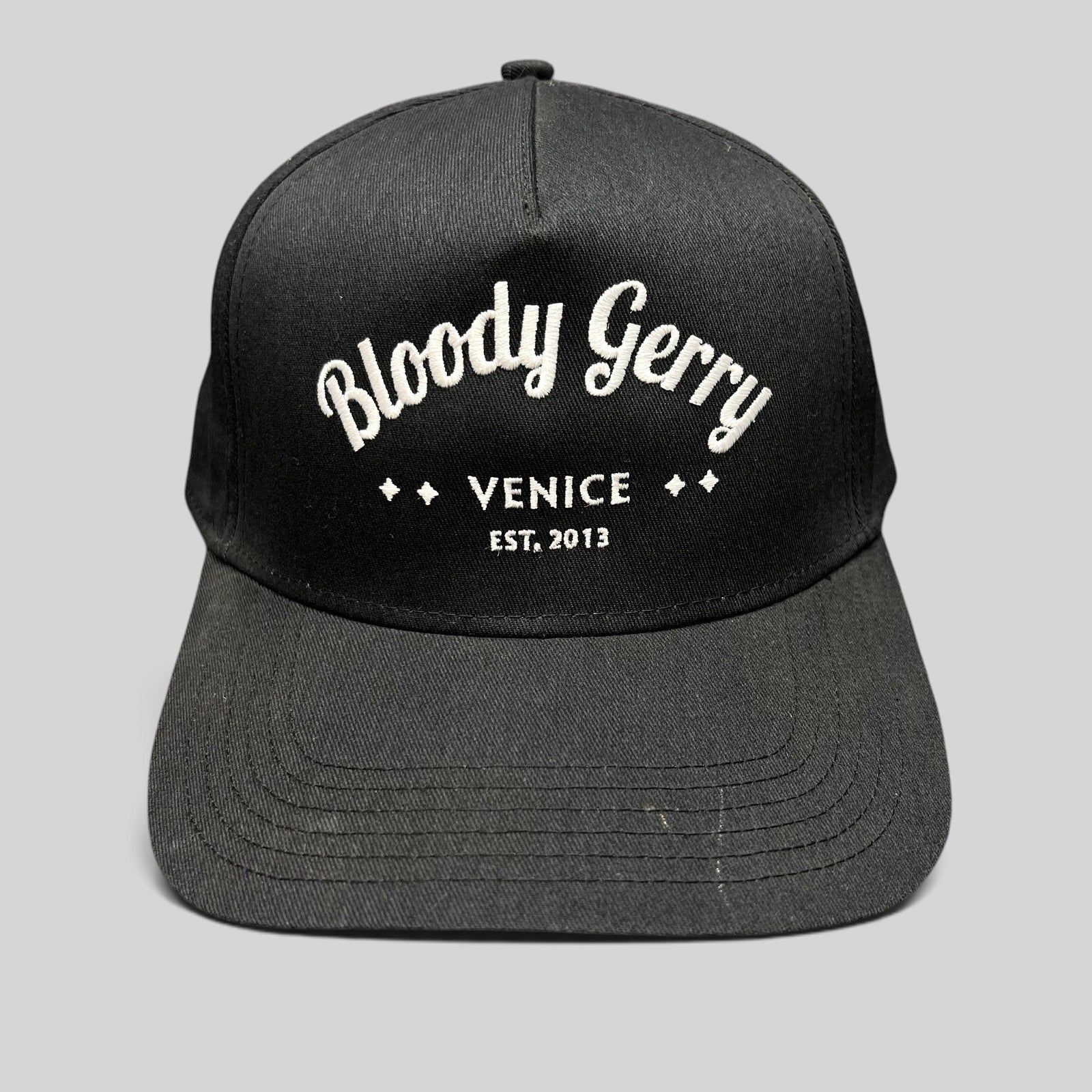 Raree Finds black Bloody Gerry snapback hat with white embroidered Venice California lettering and flat bill