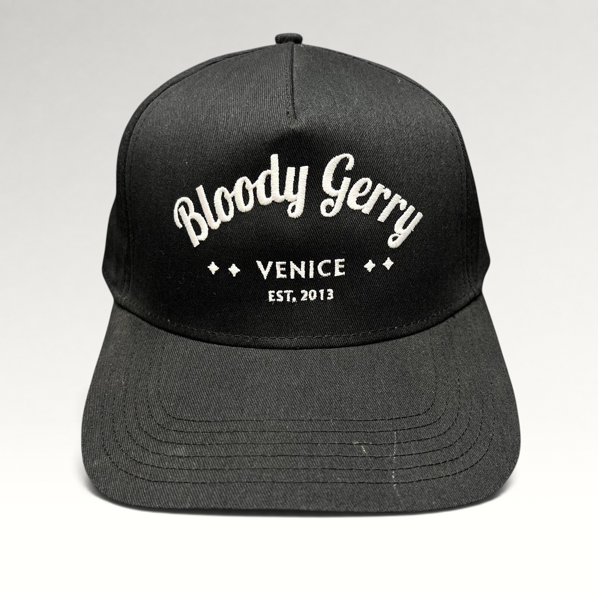 Raree Finds black Bloody Gerry snapback hat with white embroidered Venice California lettering and flat bill
