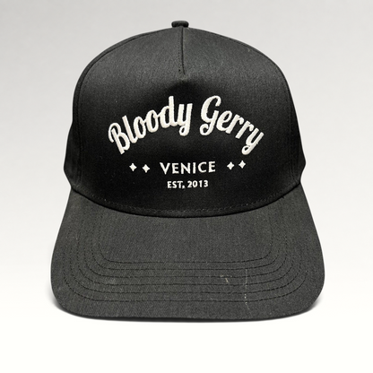 Raree Finds black Bloody Gerry snapback hat with white embroidered Venice California lettering and flat bill