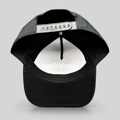 Raree Finds black Bloody Gerry snapback hat showing the adjustable plastic snap closure and interior branding