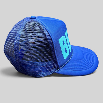 Raree Finds vintage Otto Collection royal blue foam trucker hat with teal BECK graphic and mesh back