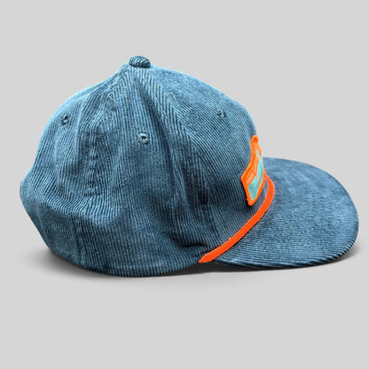 Raree Finds Sendero Provisions Co blue corduroy snapback hat with orange rope detail and front patch logo