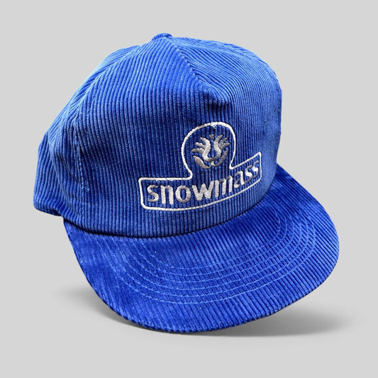 Raree Finds vintage royal blue corduroy Snowmass ski resort strapback hat with embroidered front logo