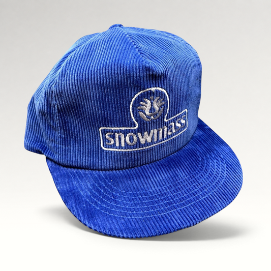 Raree Finds vintage royal blue corduroy Snowmass ski resort strapback hat with embroidered front logo