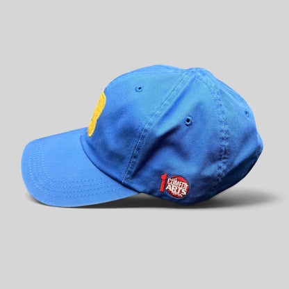 Raree Finds royal blue cotton dad cap with yellow chenille B appliqué and Comedy Arts side embroidery