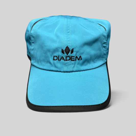 Raree Finds blue Diadem performance running hat with black trim and embroidered logo on lightweight polyester fabric