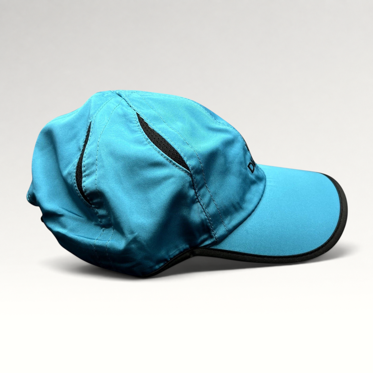 Raree Finds blue Diadem performance running hat with black trim and embroidered logo, side view.
