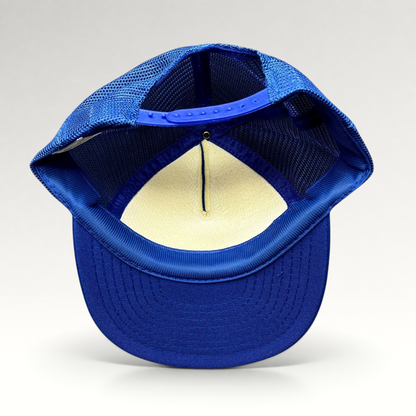 Raree Finds vintage royal blue mesh trucker hat with adjustable snapback closure, interior view showing foam lining.