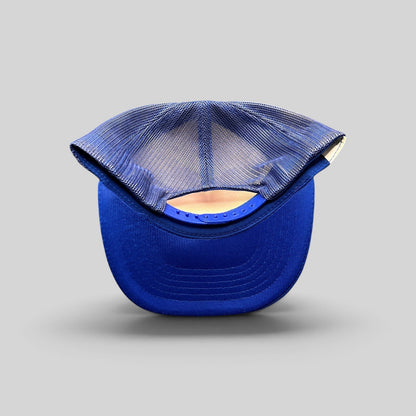 Raree Finds vintage royal blue mesh trucker hat with adjustable snapback closure, back view