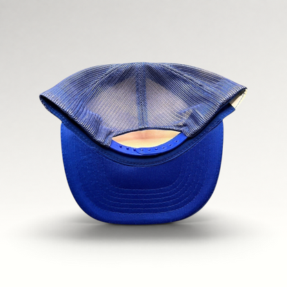 Raree Finds vintage royal blue mesh trucker hat with adjustable snapback closure, back view