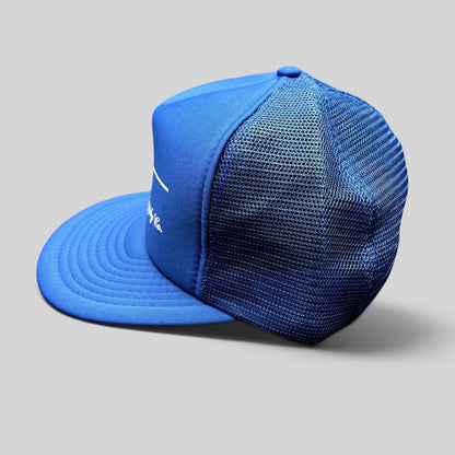 Raree Finds vintage royal blue foam and mesh trucker hat with Acme Electric Supply Co. graphic and snapback closure.