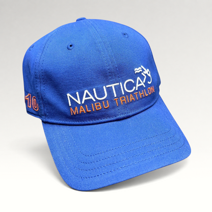 Raree Finds blue cotton Nautica Malibu Triathlon strapback hat with embroidered front and side event logos
