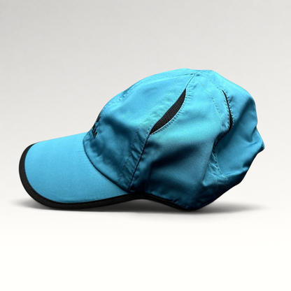 Raree Finds blue lightweight polyester performance running hat with black trim and adjustable strapback closure