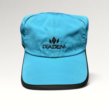 Raree Finds blue lightweight polyester performance running hat with black trim and embroidered Diadem logo