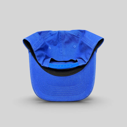 Raree Finds vintage royal blue snapback hat with adjustable plastic closure, viewed from the back.