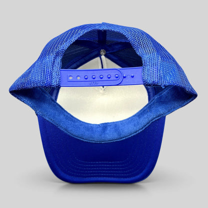 Raree Finds royal blue Otto foam trucker hat with adjustable snapback closure and mesh back, rear view.
