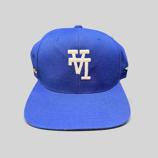 Raree Finds royal blue Uniform Studios Los Angeles snapback hat with white embroidered logo and green undervisor