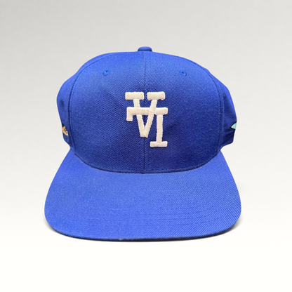 Raree Finds royal blue Uniform Studios Los Angeles snapback hat with white embroidered logo and green undervisor