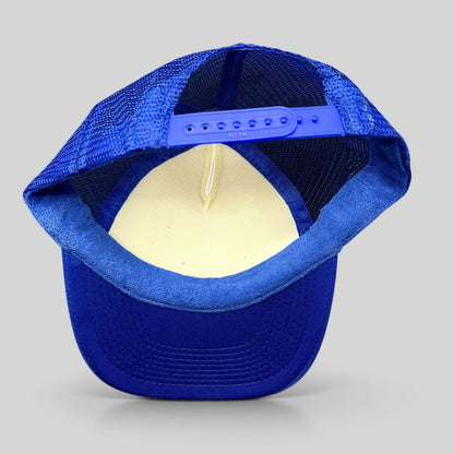 Raree Finds blue and white trucker snapback hat with mesh back and adjustable plastic strap, rear view