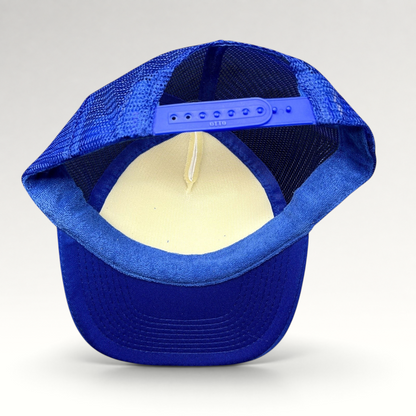 Raree Finds blue and white trucker snapback hat with mesh back and adjustable plastic strap, rear view