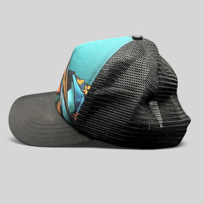 Raree Finds Boco Gear Superfeet trucker hat with colorful mountain graphic, black mesh back, and snapback closure.