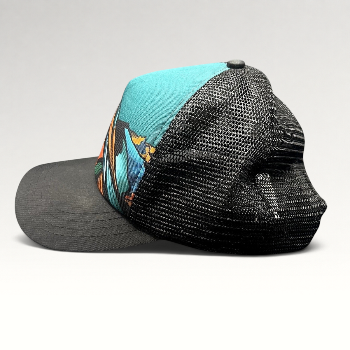 Raree Finds Boco Gear Superfeet trucker hat with colorful mountain graphic, black mesh back, and snapback closure.