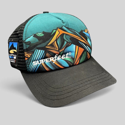 Raree Finds Boco Gear Superfeet trucker hat with colorful mountain graphic, black mesh back, and snapback closure.