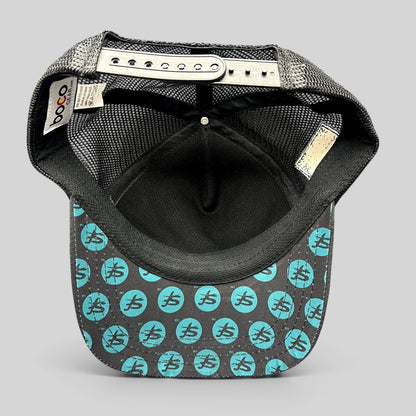Raree Finds Boco Gear trucker hat showing the underside of the brim with teal Superfeet logo print and black mesh