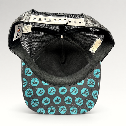 Raree Finds Boco Gear trucker hat showing the underside of the brim with teal Superfeet logo print and black mesh