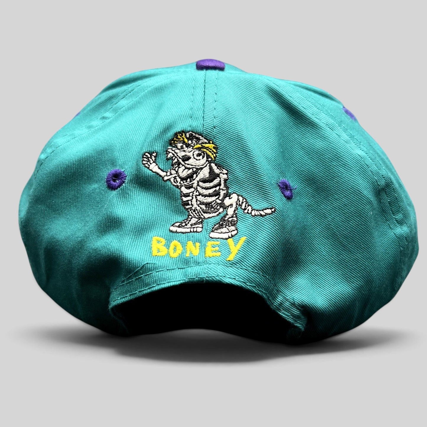 Raree Finds vintage 90s Nickelodeon Weinerville Boney snapback hat in teal and purple with embroidered puppet graphic