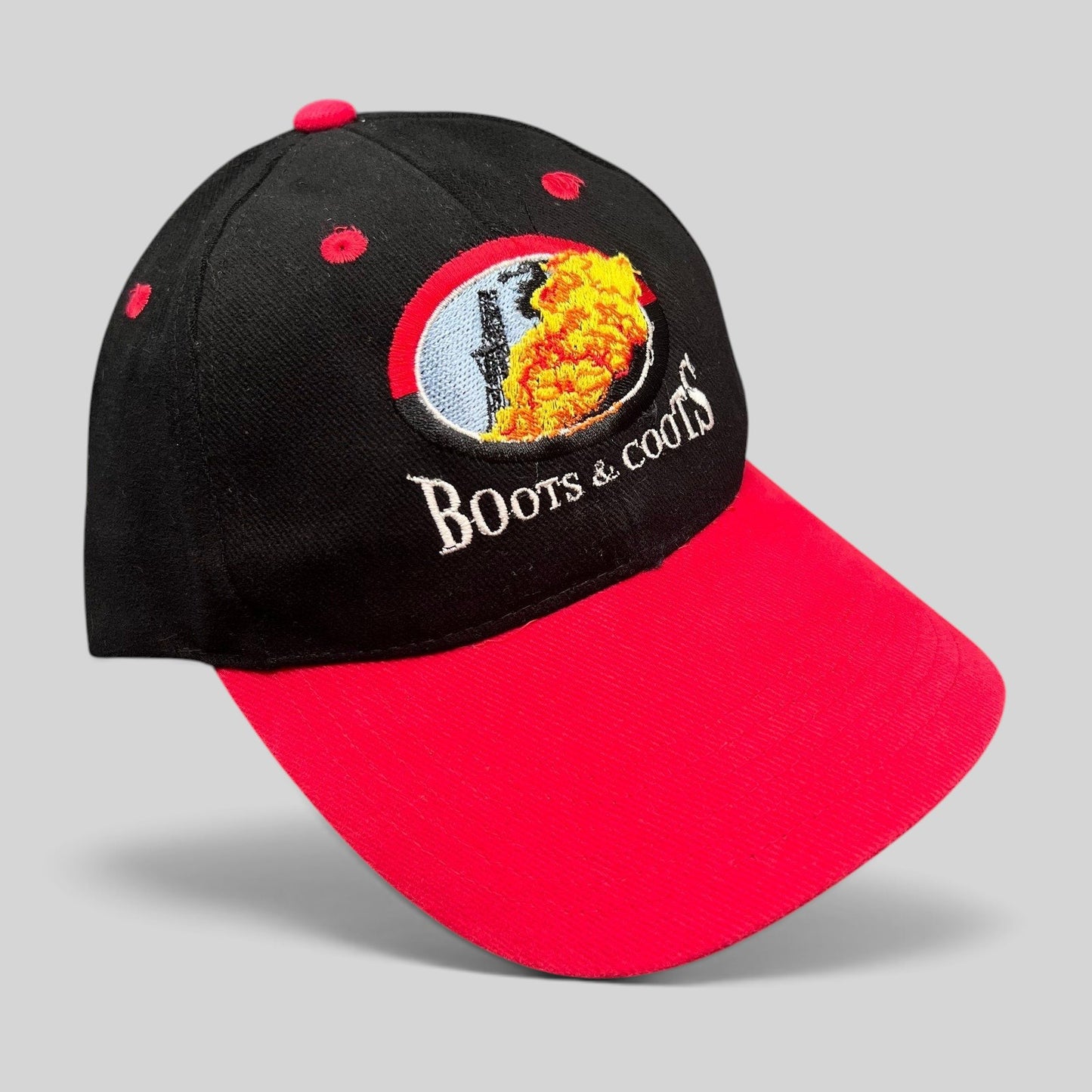 Raree Finds vintage Boots & Coots oilfield firefighter snapback hat with black crown, red brim, and flame logo.