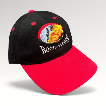 Raree Finds vintage Boots & Coots oilfield firefighter snapback hat with black crown, red brim, and flame logo.