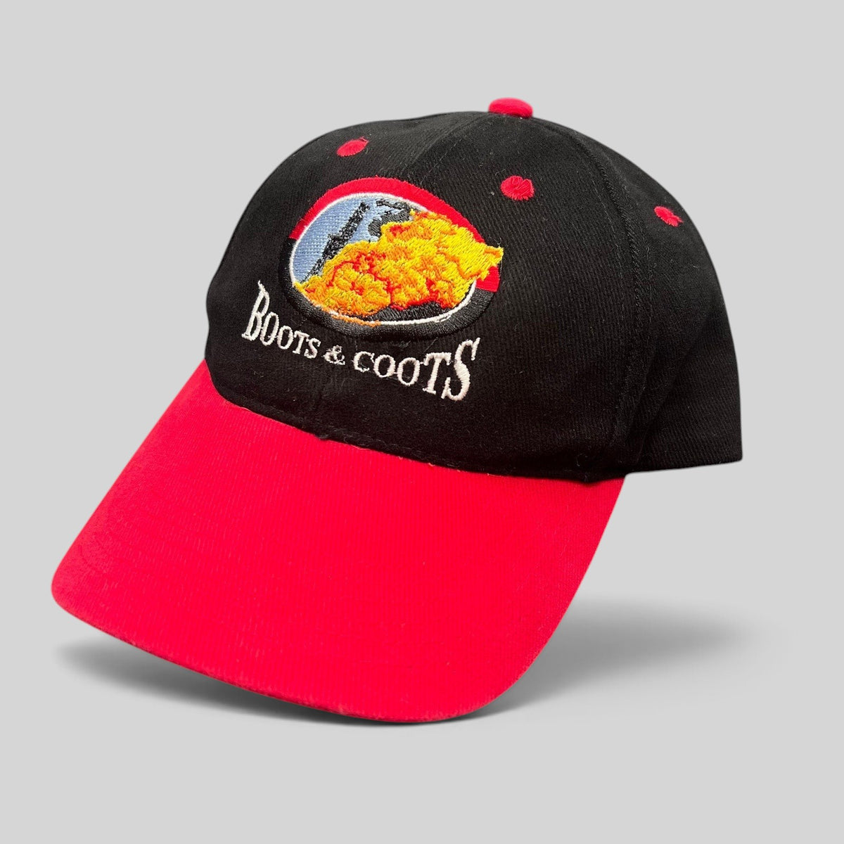 Raree Finds vintage Boots & Coots oilfield firefighter snapback hat with black crown, red brim, and flame logo.