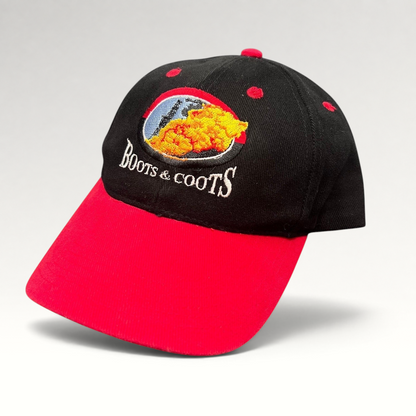 Raree Finds vintage Boots & Coots oilfield firefighter snapback hat with black crown, red brim, and flame logo.