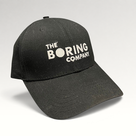 Raree Finds black The Boring Company strapback hat with white embroidered logo on a structured cotton crown
