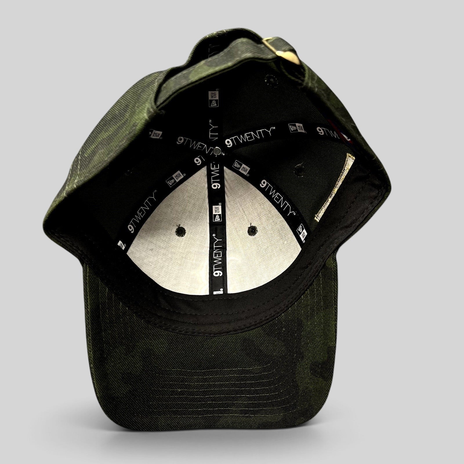 Raree Finds Boston Red Sox New Era 9TWENTY camo strapback hat interior view showing branded taping and adjustable strap
